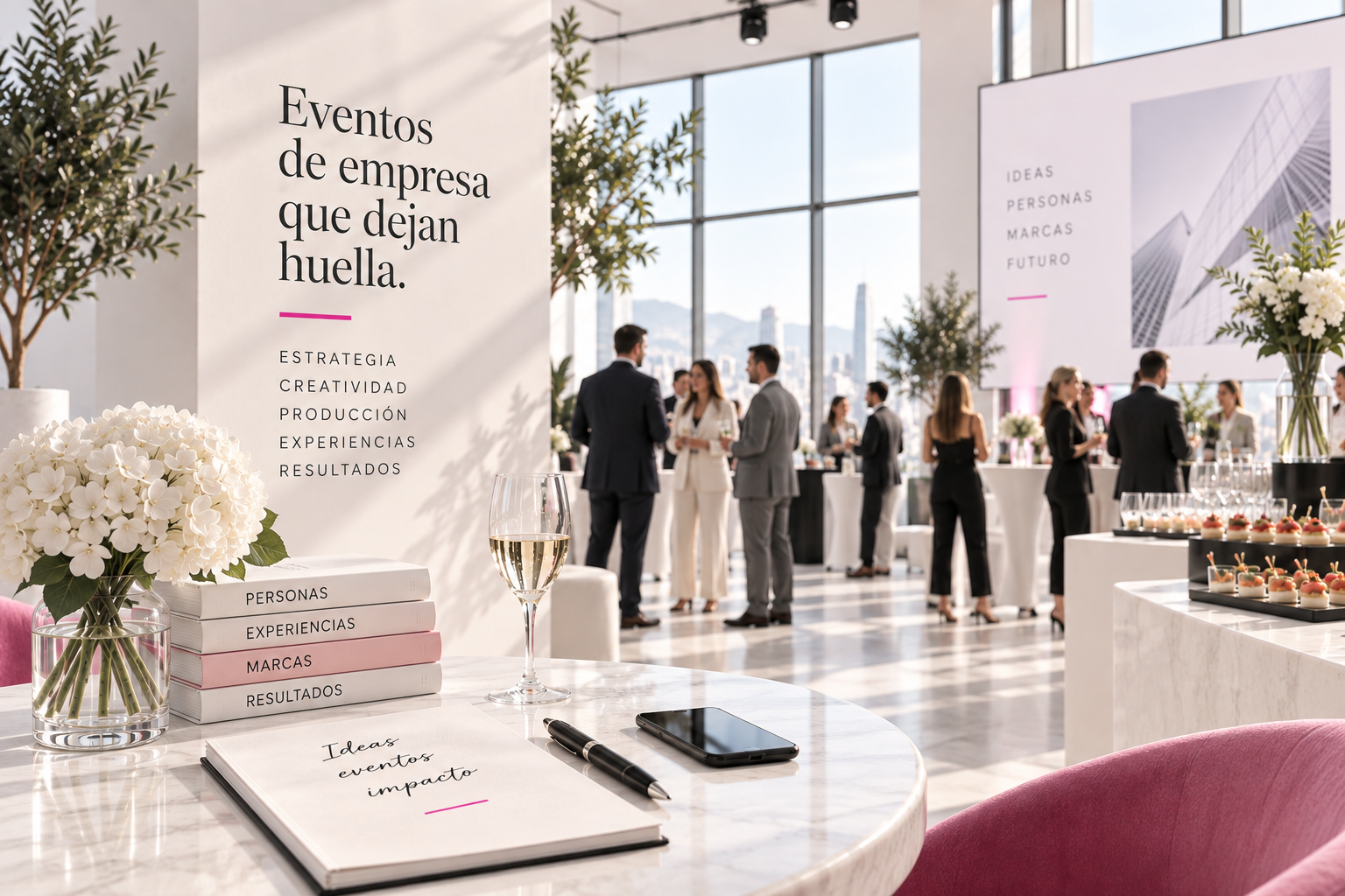 Evento de empresa con mesa preparada y asistentes en un espacio luminoso