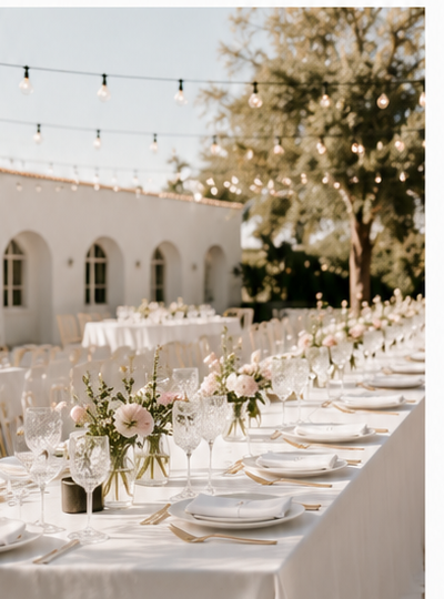 Mesa larga decorada para una celebración privada al aire libre