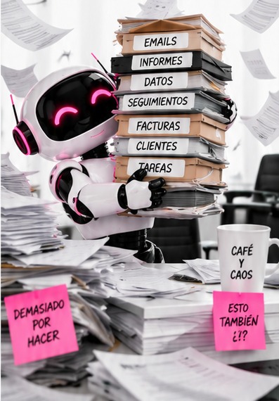 Robot sosteniendo una pila de carpetas de emails, informes y facturas
