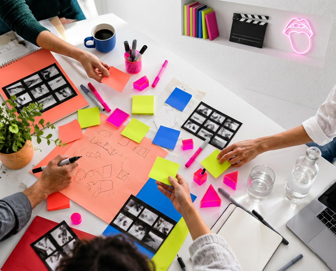 Equipo creando ideas con notas y rotuladores sobre una mesa